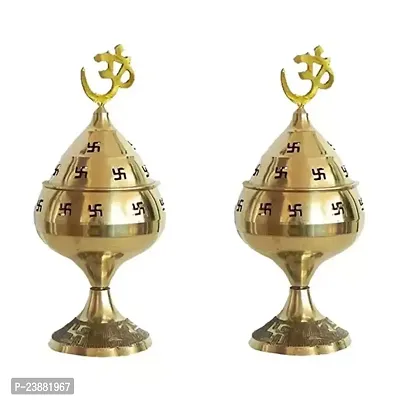 Brass Jali Akhand Jyoti Deep with Stand, Cover  Om Diya/Oil Lamp in 100% Brass for Temple, Home  Office Decor Set of 2 pcs-thumb0