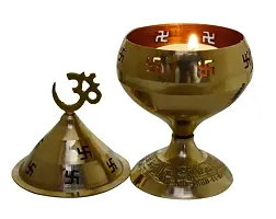 Brass Jali Akhand Jyoti Deep with Stand, Cover  Om Diya/Oil Lamp in 100% Brass for Temple, Home  Office Decor Set of 2 pcs-thumb1