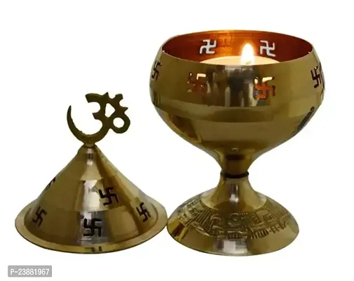Brass Jali Akhand Jyoti Deep with Stand, Cover  Om Diya/Oil Lamp in 100% Brass for Temple, Home  Office Decor Set of 2 pcs-thumb2