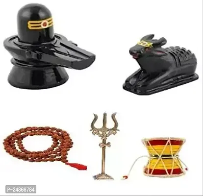 Combo Pack Black Marble Stone Shivling  Nandi with Rudraksha Mala Brass Lord Shiva Trishul
