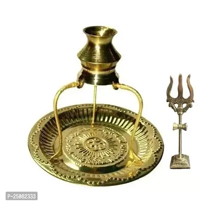 Brass Plate Thali with Shivling Stand Jal Abhishek Kalash Lota with Brass Trishul-thumb0