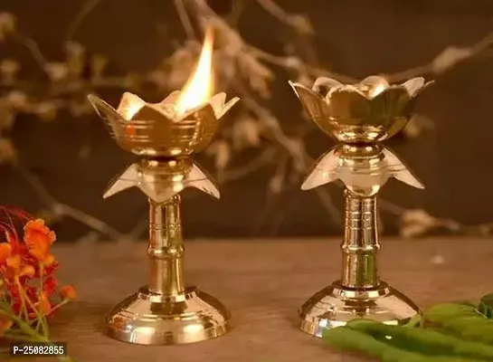 Pack of 2  Brass Original Traditional Kamal Diya with Stand Oil