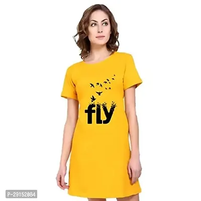 Stylish Yellow Cotton Blend Printed T-shirt Dress For Women