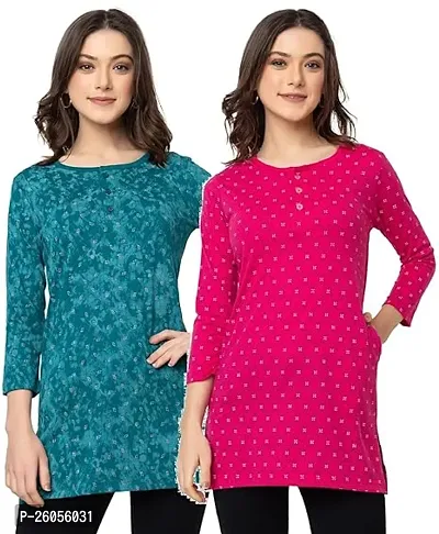 Elegant Cotton Blend Self Pattern Short Kurta For Women- Pack Of 2