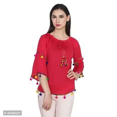 Jollify Women's Red Rayon Embroidered 3/4 Sleeve pom pom Top-XXL