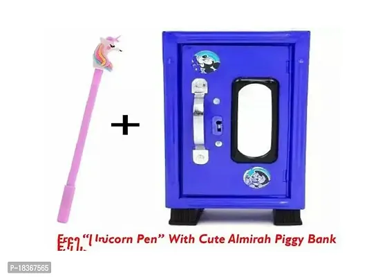Free Unicorn Pen With Almirah Style Coin Box Piggy Bank For Kids 3 Compartments With 2 Keys