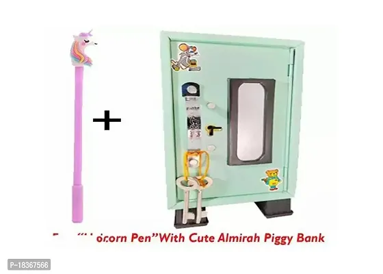 Free Unicorn Pen With Almirah Style Coin Box Piggy Bank For Kids 3 Compartments With 2 Keys Coin Bank-thumb0