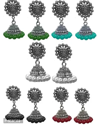 Beautiful trending silver jhumki with pearls combo of 5 pairs for girls and women-thumb0