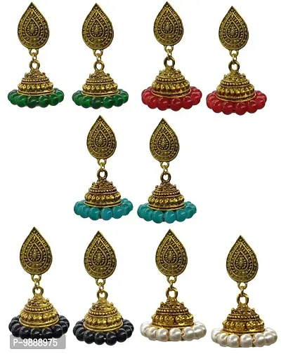 Beautiful trending Golden jhumki with pearls combo of 5 pairs for girls and women-thumb0