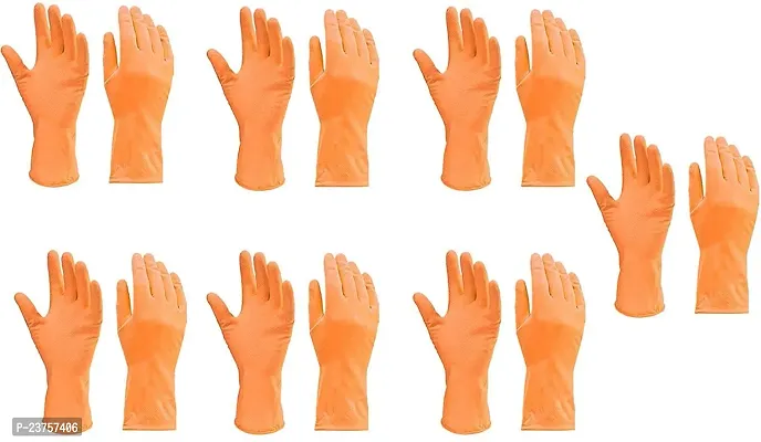 Cleaning Gloves Reusable Rubber Hand Gloves, Stretchable Gloves for Washing Cleaning Kitchen Garden (Orange, 7 Pair)-thumb0