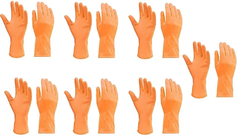 Cleaning Gloves Reusable Rubber Hand Gloves, Stretchable Gloves for Washing Cleaning Kitchen Garden (Orange, 7 Pair)