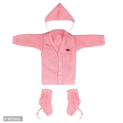 Superminis Baby Girl and Baby Boy Woollen Sweater with Cap and Booties for 0-6 Months (3pc, Baby Pink)