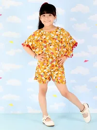 "Superminis Girls Floral Print Cotton Rayon Kaftan Style Playsuit/Jumpsuit with Pom Pom (Mustard, 18-24 Months)"-thumb3