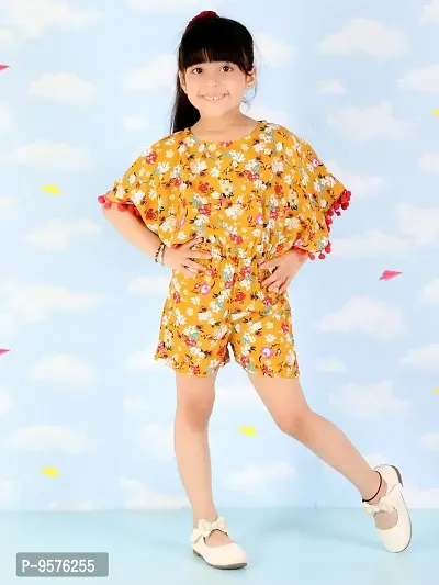 "Superminis Girls Floral Print Cotton Rayon Kaftan Style Playsuit/Jumpsuit with Pom Pom (Mustard, 18-24 Months)"-thumb4