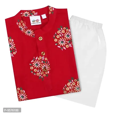 Superminis Baby Boys Cotton Ethnic Wear Gold Foil Printed Kurta with Elastic White Pyjama (Red, 12-18 Months)