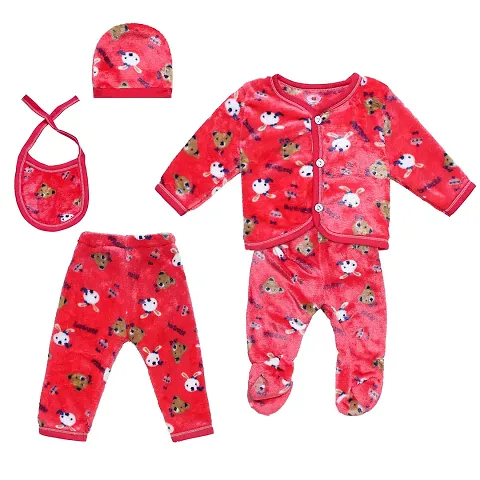 "Superminis Baby Winter Set - 1 Front Open Top, 2 Pyjamas, 1 Cap And 1 Bib for Newborn Girls and Boys"