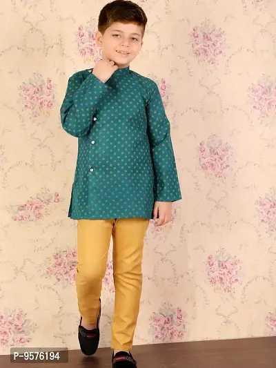 "Superminis Boys Fancy Colorful Cotton Ethnic Wear Side Button Printed Kurta with Colored Pyjama (Green, 5-6 Years)"-thumb2