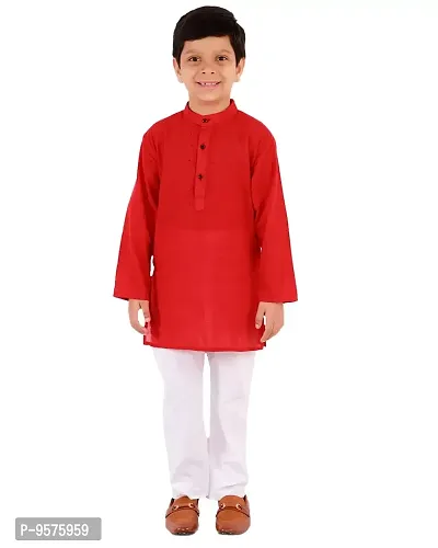 "Superminis Boy's Handloom Cotton Kurta with Pyjama - Embroidered, Round Collar, Knee Length, Full Sleeves for Ethnic Wear (Red, 5-6 Years)"