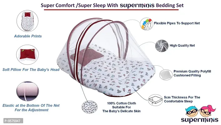 Superminis Cotton Baby Bedding Set with Pillow and Mosquito Net - Foldable Mattress, Printed, Double Side Zip Closure for New Born (0-3 Months, Red)-thumb2