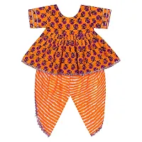 Superminis Baby Girls Jaipuri Print Frock Style Kurti with Frill Sleeves and Dhoti Style Salwar with Elastic Closure Ethnic Dress (Peach, 6-12 Months)-thumb1