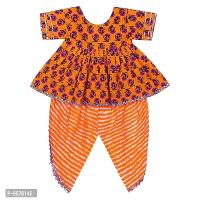 Superminis Baby Girls Jaipuri Print Frock Style Kurti with Frill Sleeves and Dhoti Style Salwar with Elastic Closure Ethnic Dress (Peach, 6-12 Months)-thumb2