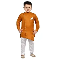 Superminis Boys Cotton Side Button Open Kurta with Pocket Square Style and Elastic Pyjama Set - Mandrin Collar, Side Slits, Criss Cross Bottom Shaped, Full Sleeves (5-6 Years, Mustard)-thumb1