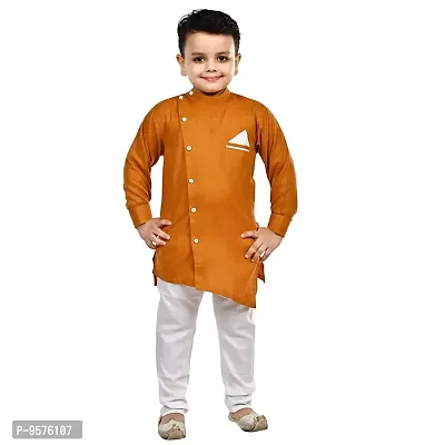 Superminis Boys Cotton Side Button Open Kurta with Pocket Square Style and Elastic Pyjama Set - Mandrin Collar, Side Slits, Criss Cross Bottom Shaped, Full Sleeves (5-6 Years, Mustard)-thumb2