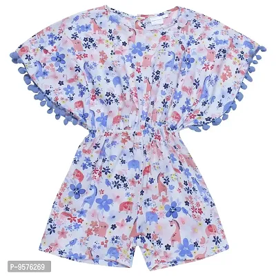 "Superminis Girls Floral Print Cotton Rayon Kaftan Style Playsuit/Jumpsuit with Pom Pom (Sky, 18-24 Months)"