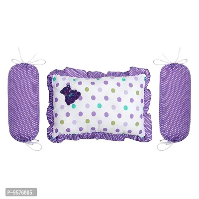 Superminis Cotton Baby Head Pillow with 2 Bolster/Round Side Pillows - Embroidered, Dot Printed for New Born (0-12 Months, Purple)