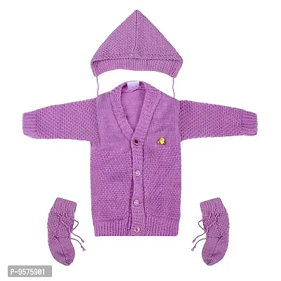 "Superminis Baby Girl and Baby Boy Woollen Sweater with Cap and Booties for 0-6 Months (3pc, Purple)"-thumb0