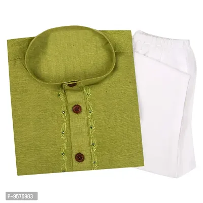 "Superminis Boy's Handloom Cotton Kurta with Pyjama - Embroidered, Round Collar, Knee Length, Full Sleeves for Ethnic Wear (Green, 7-8 Years)"-thumb0