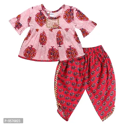 Superminis Baby Girls Jaipuri Print Frock Style Kurti With Frill Sleeves And Dhoti Style Salwar With Elastic Closure Ethnic Dress (Magenta, 5-6 Years)-thumb0