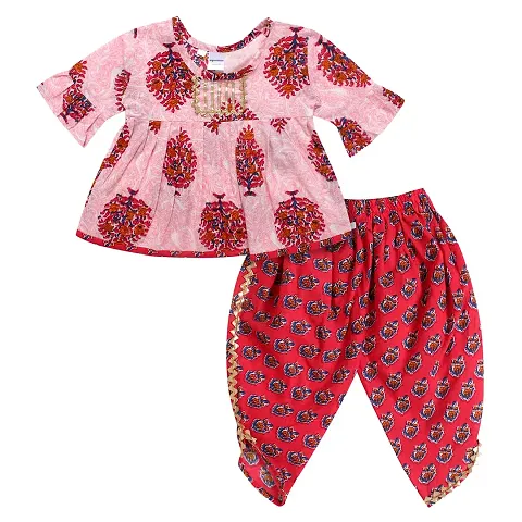 Superminis Baby Girls Jaipuri Print Frock Style Kurti with Frill Sleeves and Dhoti Style Salwar with Elastic Closure Ethnic Dress