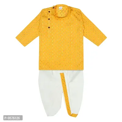 superminis Boy's Cotton Kurta with Dhoti - Golden Thread Work, Round Collar, Full Sleeves, Side Button Kurta Set for Ethnic Wear (Yellow+White, 6-12 Months)