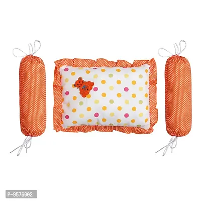 Superminis Cotton Baby Head Pillow with 2 Bolster/Round Side Pillows - Embroidered, Dot Printed for New Born (0-12 Months, Orange)