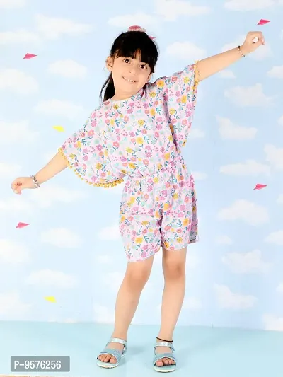 "Superminis Girls Floral Print Cotton Rayon Kaftan Style Playsuit/Jumpsuit with Pom Pom (Pink, 7-8 Years)"-thumb4