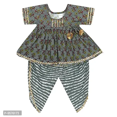 Superminis Baby Girls Jaipuri Print Frock Style Kurti With Frill Sleeves And Dhoti Style Salwar With Elastic Closure Ethnic Dress (Grey, 2-3 Years)