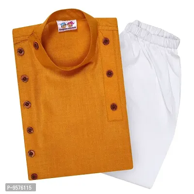 "Superminis Boys Cotton Side Button Open Kurta with Elastic Pyjama Set - Mandrin Collar, Multi Slit, Asymmetric Hem, Full Sleeves, Side Button Embellish (3-4 Years, Mustard)"