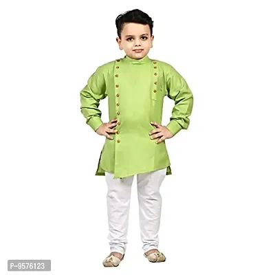 "Superminis Boys Cotton Side Button Open Kurta with Elastic Pyjama Set - Mandrin Collar, Multi Slit, Asymmetric Hem, Full Sleeves, Side Button Embellish (8-9 Years, Light Green)"