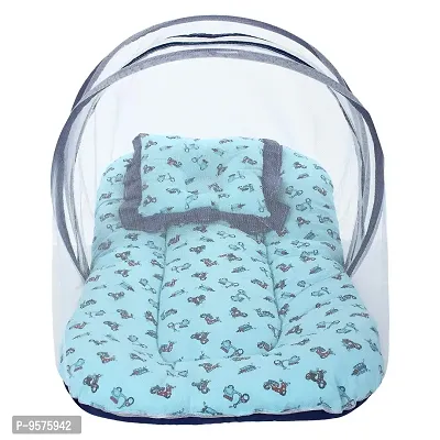 "Superminis Cotton Baby Bedding Set with Pillow and Mosquito Net - Foldable Mattress, Printed, Double Side Zip Closure for New Born (0-3 Months, Sky Blue)"