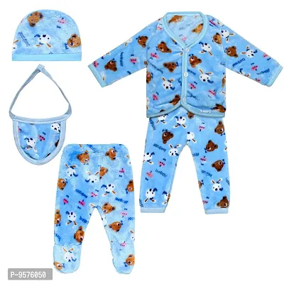 "Superminis Baby Winter Set - 1 Front Open Top, 2 Pyjamas, 1 Cap and 1 Bib for Newborn Girls and Boys (Sky Blue, 0-6 Months)"