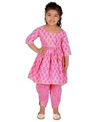 Superminis Baby Girls Jaipuri Print Frock Style Kurti With Frill Sleeves And Dhoti Style Salwar With Elastic Closure Ethnic Dress (Pink Green, 6-12 Months)-thumb2