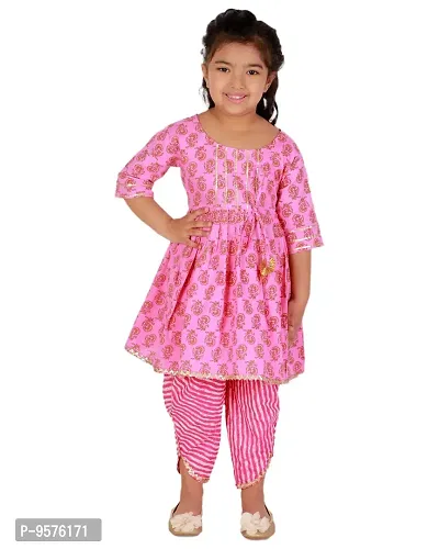 Superminis Baby Girls Jaipuri Print Frock Style Kurti With Frill Sleeves And Dhoti Style Salwar With Elastic Closure Ethnic Dress (Pink Green, 6-12 Months)-thumb3