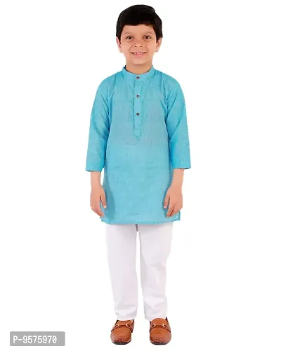 "Superminis Boy's Handloom Cotton Kurta with Pyjama - Embroidered, Round Collar, Knee Length, Full Sleeves for Ethnic Wear (Sky Blue, 2-3 Years)"-thumb0