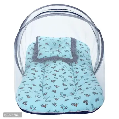 Superminis Cotton Baby Bedding Set with Pillow and Mosquito Net - Foldable Mattress, Printed, Double Side Zip Closure for New Born (12-18 Months, Sky Blue)-thumb2