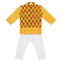 "Superminis Boys Cotton Printed Kurta White Elastic Pyjama with Floral Printed Sleeveless Nehru Jacket Set - Full Sleeve, Side Slits, Straight Fit (6-12 Months, Yellow)"-thumb1