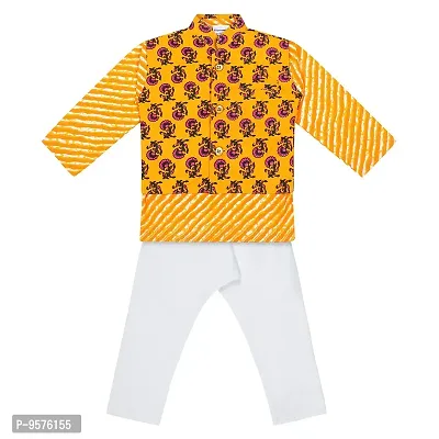 "Superminis Boys Cotton Printed Kurta White Elastic Pyjama with Floral Printed Sleeveless Nehru Jacket Set - Full Sleeve, Side Slits, Straight Fit (6-12 Months, Yellow)"-thumb2