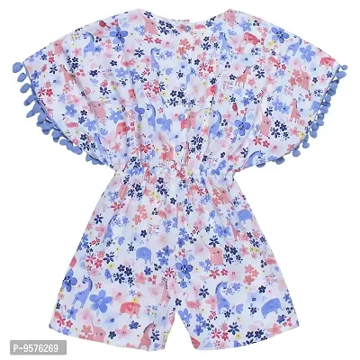 "Superminis Girls Floral Print Cotton Rayon Kaftan Style Playsuit/Jumpsuit with Pom Pom (Sky, 18-24 Months)"-thumb2