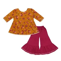 "Superminis Baby Girls Cotton Jaipuri Printed Angrakha Style Anarkali Kurti with Contrast Color Regular Plain Sharara Dress (Mustard/Maroon, 18-24 Months)"-thumb1