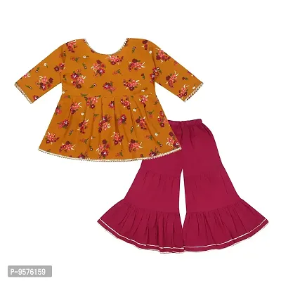 "Superminis Baby Girls Cotton Jaipuri Printed Angrakha Style Anarkali Kurti with Contrast Color Regular Plain Sharara Dress (Mustard/Maroon, 18-24 Months)"-thumb2